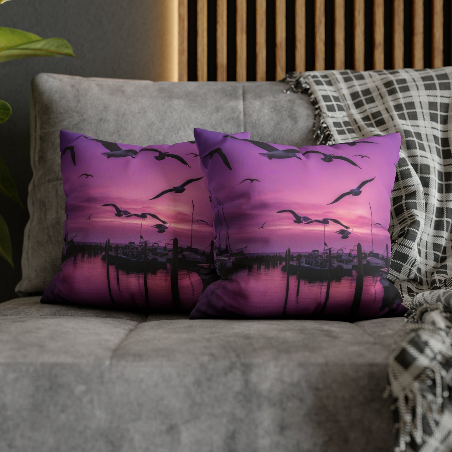 Seagulls in Purple Sky Faux Suede Square Pillowcase