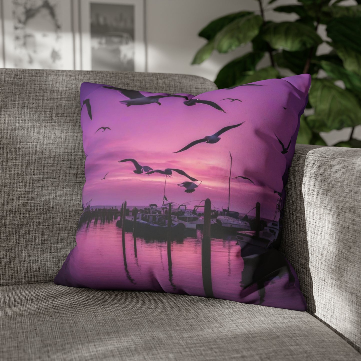 Seagulls in Purple Sky Faux Suede Square Pillowcase