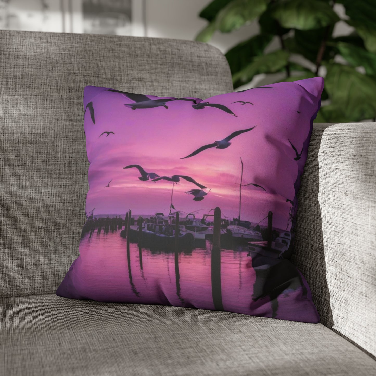 Seagulls in Purple Sky Faux Suede Square Pillowcase