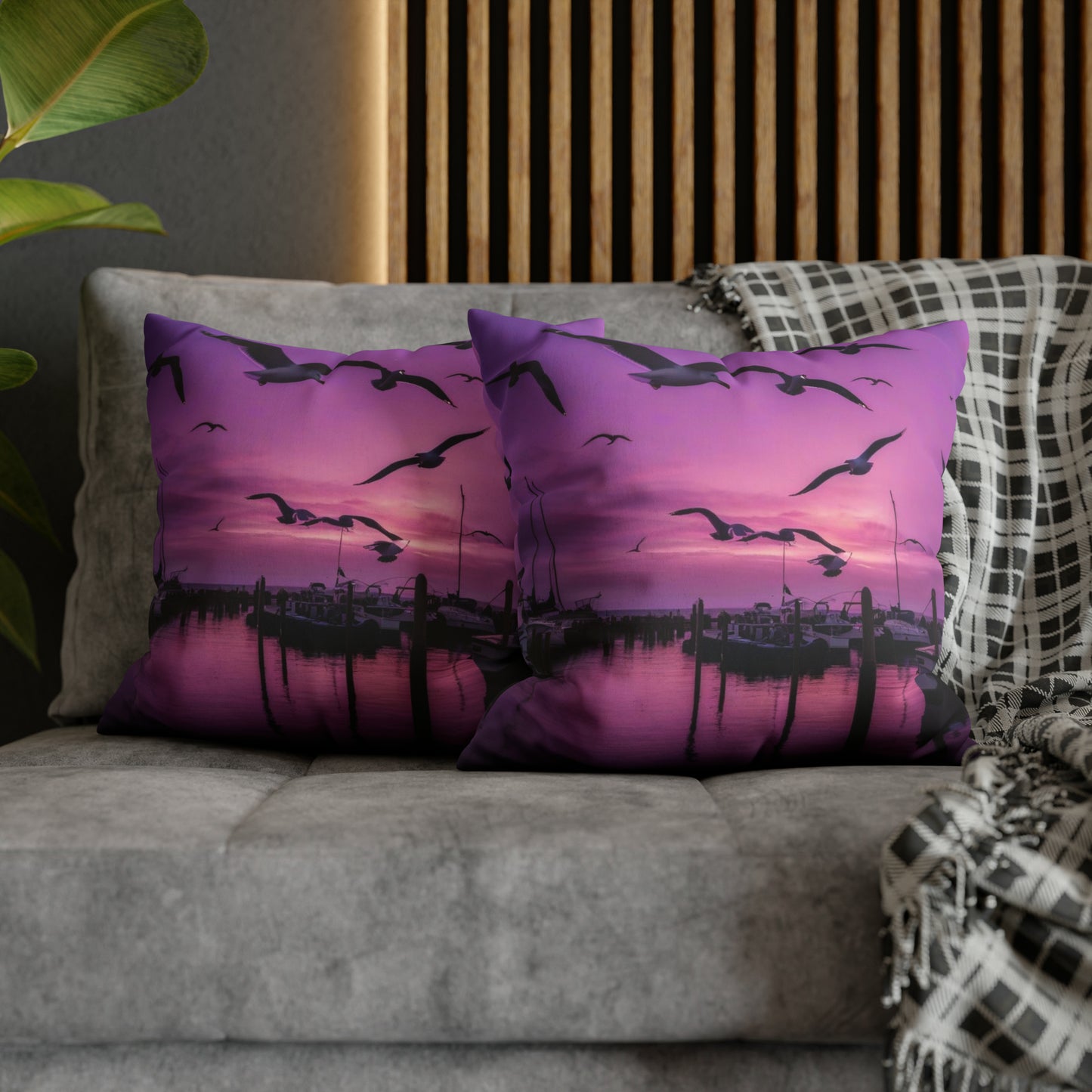 Seagulls in Purple Sky Faux Suede Square Pillowcase