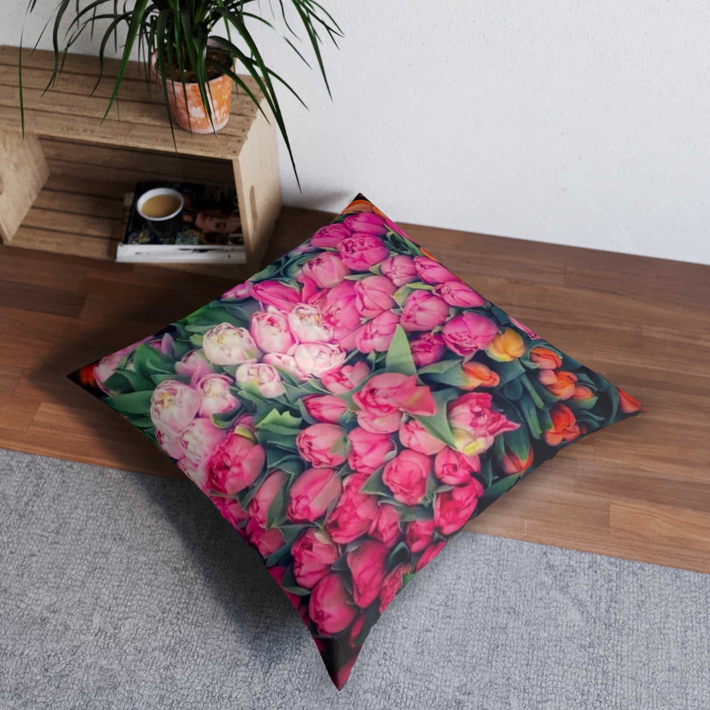 Roses Abundance Series Tufted Floor Pillow, Square