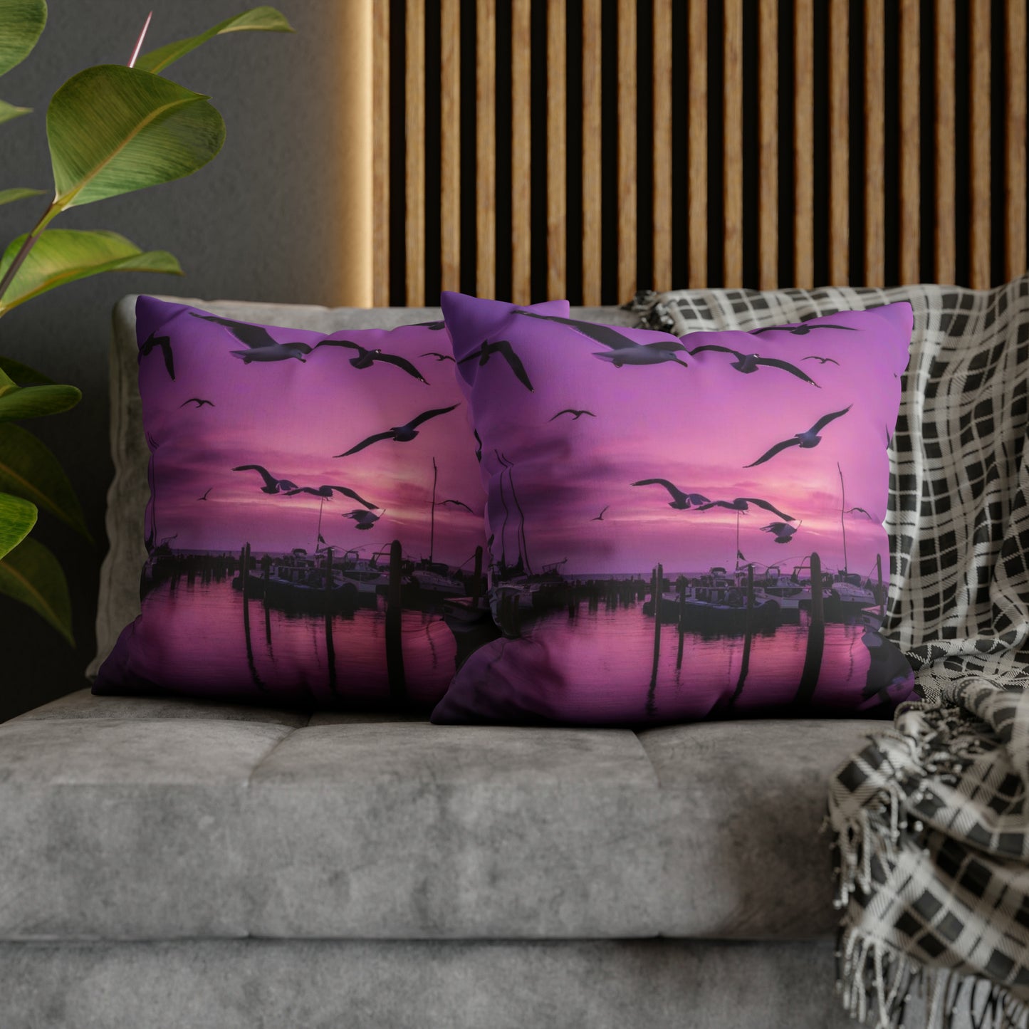 Seagulls in Purple Sky Faux Suede Square Pillowcase