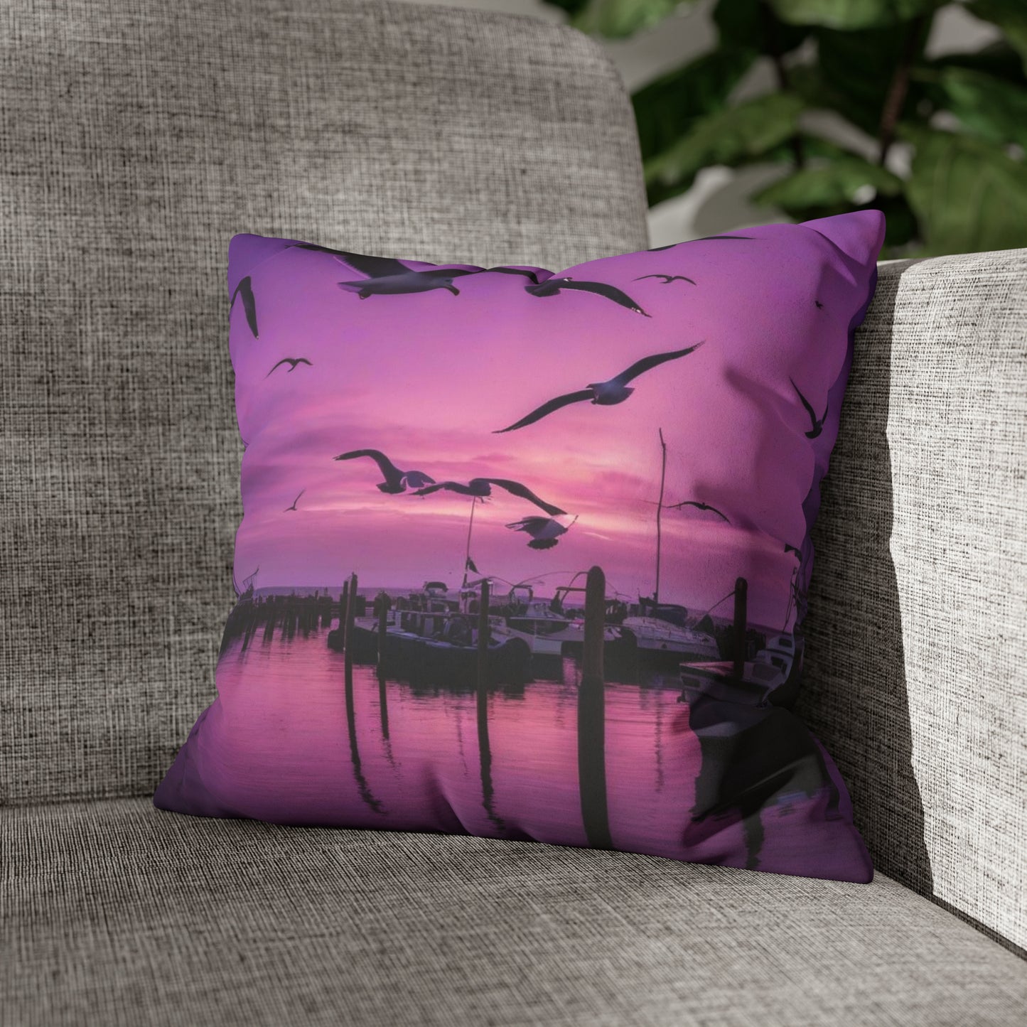 Seagulls in Purple Sky Faux Suede Square Pillowcase