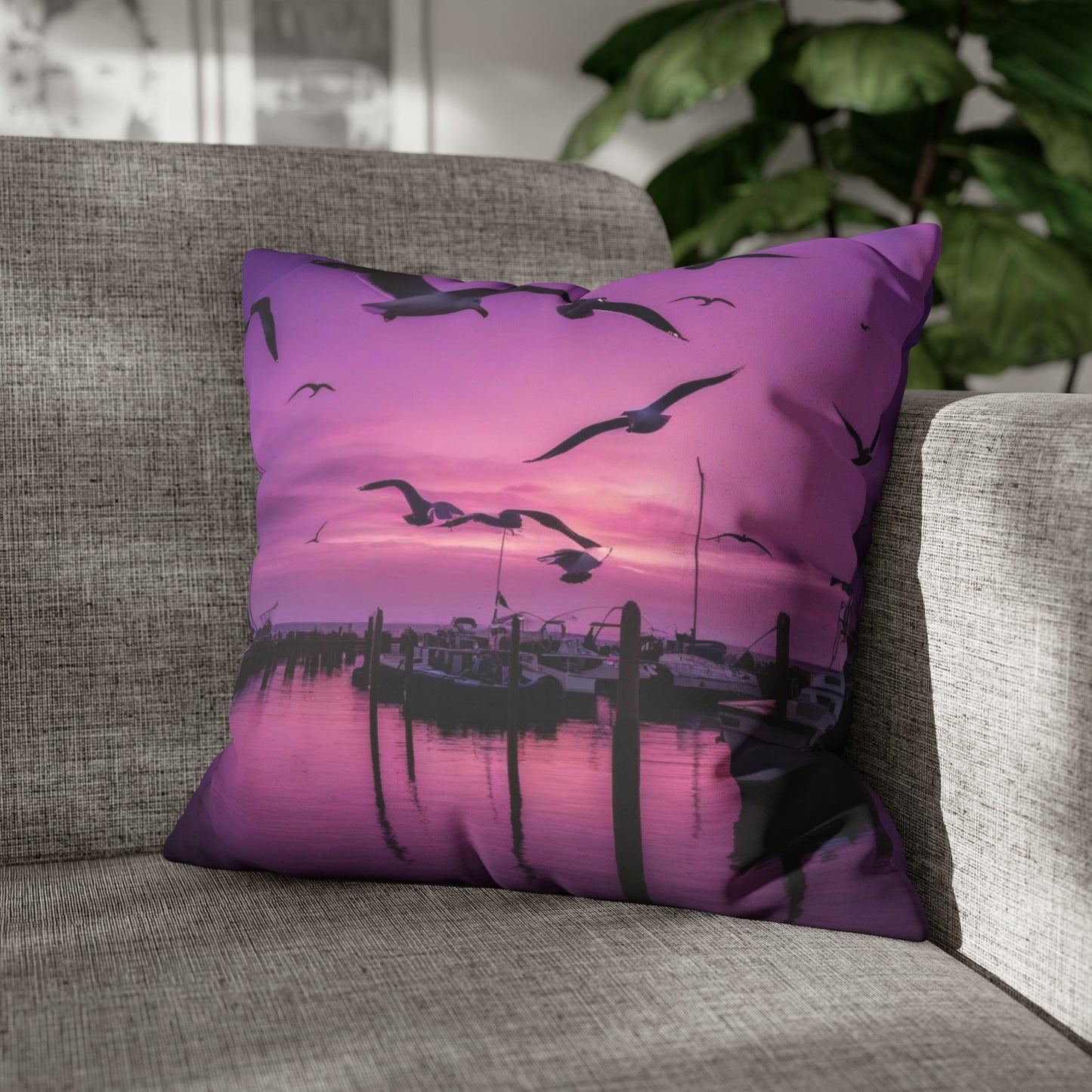 Seagulls in Purple Sky Faux Suede Square Pillowcase