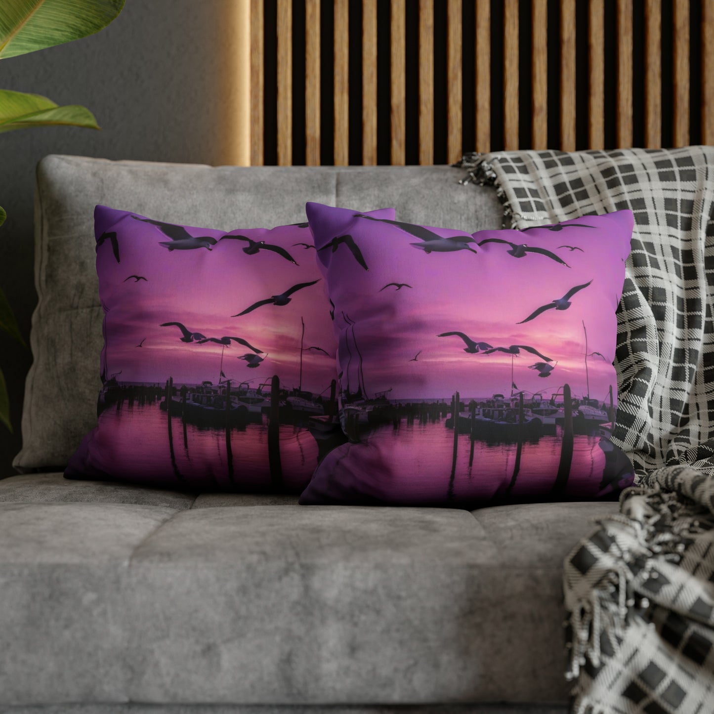 Seagulls in Purple Sky Faux Suede Square Pillowcase